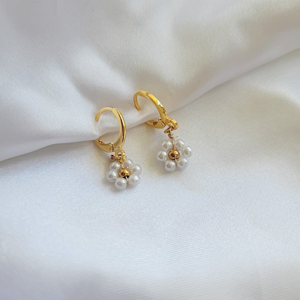5/$25 Tiny Pearl Flower Huggie Hoop Earrings - Picture 4 of 6